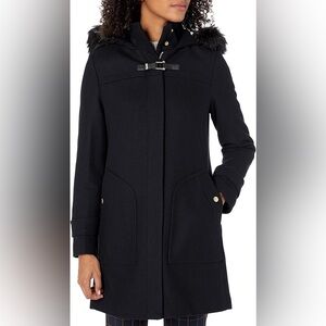 Cole Haan Signature Wool Blend Twill Duffle Hooded Faux Fur Trim Jacket